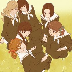 55bata6rou 6+girls arima_nana black_hair black_serafuku black_shirt black_skirt blonde_hair braid brown_eyes brown_hair character_request check_character closed_eyes closed_mouth drill_hair fukuzawa_yumi full_body grass hair_ribbon highres long_hair long_sleeves looking_at_another maria-sama_ga_miteru matsudaira_touko multiple_girls neckerchief nijou_noriko ogasawara_sachiko on_grass open_mouth pleated_skirt red_ribbon ribbon sailor_collar school_uniform serafuku shirt short_hair sitting skirt smile toudou_shimako twintails white_neckerchief white_sailor_collar