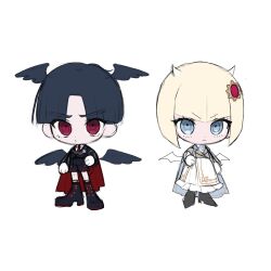 Rule 34 | &gt;:(, 1boy, 1girl, a berrypop, black boots, black hair, black jacket, black shorts, black wings, blonde hair, blue cape, blue eyes, boots, cape, chibi, chibi only, closed mouth, commentary request, demon horns, demon wings, frilled skirt, frills, frown, gloves, grey jacket, hair ornament, head wings, high heel boots, high heels, highres, horns, jacket, lapels, maruko gaku, necktie, notched lapels, oosuzuki kurara, parted bangs, red cape, red eyes, red necktie, shirt, short hair, shorts, simple background, sketch, skirt, the hundred line -last defense academy-, tsurime, v-shaped eyebrows, white background, white gloves, white horns, white shirt, white wings, wings