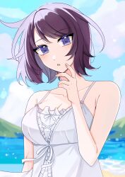 1girl armpit_crease bare_shoulders beach blue_eyes blue_sky blush breasts cleavage cloud collarbone day dress hand_up highres jmfz5558 koimonogatari large_breasts looking_at_viewer monogatari_(series) ocean official_alternate_costume open_mouth outdoors purple_hair senjougahara_hitagi short_hair sky sleeveless sleeveless_dress solo sundress swept_bangs upper_body white_dress