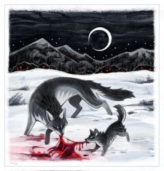 2others blood blood_on_snow body_fur bone border commentary crescent_moon dated eating english_commentary entrails fox highres kitty_(fernwhisker) moon mountainous_horizon multiple_others night night_sky organs original red_light signature sky snow star_(sky) white_border winter wolf