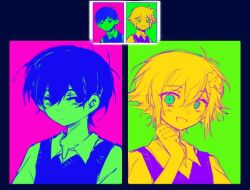 Rule 34 | 2boys, antenna hair, back-to-back, bags under eyes, basil (faraway) (omori), basil (omori), black border, blonde hair, blue eyes, blue hair, blue sweater vest, border, clenched hand, closed mouth, collarbone, collared shirt, colored skin, double-parted bangs, empty eyes, flower, green background, green eyes, green shirt, green skin, hair between eyes, hair flower, hair ornament, hand up, hapr (noneprice), looking at viewer, male focus, multiple boys, omori, open mouth, pink background, portrait, purple sweater vest, reference inset, shirt, short hair, sideways glance, smile, sunny (omori), sweater vest, wide-eyed, yellow shirt, yellow skin