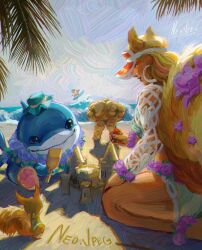 1girl 3boys absurdres animal_ears artist_name ben_grimm black_male_swimwear closed_mouth commentary dated english_commentary fantastic_four fins fish_tail flower_wreath furry furry_male guardians_of_the_galaxy highres holding holding_shovel jeff_(marvel) looking_at_object male_swimwear marvel marvel_cinematic_universe marvel_rivals multiple_boys neo_jpeg official_alternate_costume palm_tree pawpads rocket_raccoon_(sunshine_raccoon)_(marvel_rivals) sand_castle sand_sculpture shark shark_fin shark_tail shovel signature sitting smile squirrel squirrel_ears squirrel_girl_(marvel) squirrel_girl_(sunshine_squirrel)_(marvel) squirrel_tail surfing tail thong tippy-toe tree visor_cap waves