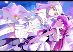 Rule 34 | 2girls, artist logo, bare arms, bare back, bare shoulders, black gloves, black hair, blonde hair, blunt bangs, blush, boots, bracelet, braid, choker, cure kiss, cure zukyuun, dress, earrings, elbow gloves, eyelashes, facing viewer, finger gun, fortissimo, frilled dress, frilled ribbon, frilled skirt, frilled sleeves, frills, full body, gingham dress, gloves, green eyes, hair extensions, hair ornament, hair ribbon, hair tie, hair wings, heart-shaped lock, highres, jewelry, kimi to idol precure, knee boots, kneehighs, kyoutsuugengo, logo, long hair, looking at viewer, looking back, multiple earrings, multiple girls, musical note, musical note hair ornament, open mouth, parted bangs, pearl earrings, pink hair, precure, purple eyes, red eyes, ribbon, ribbon choker, short sleeves, signature, single bare leg, single bare shoulder, skirt, sleeveless, smile, socks, turning around, twin braids, twintails, very long hair, watermark, white gloves, wing hair ornament, wrist cuffs