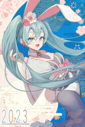1girl 2023 :d animal_ears aqua_hair artist_name black_necktie black_pantyhose blue_eyes bow breasts chinese_zodiac cleavage collar commentary_request detached_collar earrings fake_tail flower flower_earrings hair_between_eyes hatsune_miku highres jewelry kotatsukarakita leotard long_hair necktie nontraditional_playboy_bunny open_mouth pantyhose pink_bow pink_flower playboy_bunny rabbit_ears rabbit_tail shoes smile solo tail tongue twintails very_long_hair vocaloid white_collar white_shoes wide_sleeves year_of_the_rabbit