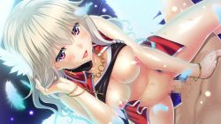 1boy 1girl adjusting_hair angel_wings blonde_hair blush breasts censored clothed_female_nude_male clothes_lift feathers game_cg girl_on_top hetero highres in_vitro_shoujo large_breasts legs long_hair lying mosaic_censoring navel nipples no_panties nude penis pink_eyes pov pussy sex shirt_lift sitting sitting_on_person sleeveless solo_focus sweat tadano_akira thighs vaginal wings