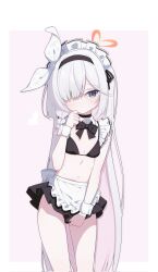 1girl bikini black_choker black_hairband blue_archive blush border bow breasts choker cinamon_(cinamori) closed_mouth colored_inner_hair cowboy_shot hair_bow hairband halo heart heart_halo highres loli long_hair maid maid_bikini maid_headdress multicolored_hair navel nose_blush pink_background pink_hair plana_(blue_archive) small_breasts solo stomach swimsuit unconventional_maid very_long_hair white_border white_bow white_hair