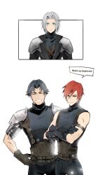 3boys angeal_hewley aries20770321 armor black_hair blue_eyes closed_eyes crossed_arms english_text final_fantasy final_fantasy_vii final_fantasy_vii_ever_crisis genesis_rhapsodos gloves grin highres male_focus multiple_boys pauldrons red_hair sephiroth sephiroth_(ever_crisis) short_hair shoulder_armor sleeveless sleeveless_turtleneck smile standing turtleneck white_background