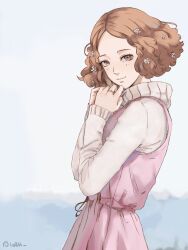 1girl 1o8k artist_name brown_eyes brown_hair dated_commentary dress flower forehead hair_flower hair_ornament long_sleeves looking_at_viewer medium_hair okumura_haru persona persona_5 pink_dress pink_sweater smile solo sweater