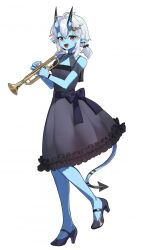 1girl alternate_costume black_dress black_shoes blue_skin brown_eyes colored_skin dress earrings fang full_body hair_between_eyes high_heels highres horns inapple jewelry long_hair looking_at_viewer oni open_mouth pointy_ears shirt shoes sidelocks smile solo soukaku_(zenless_zone_zero) standing tail white_shirt zenless_zone_zero