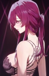 Rule 34 | 1girl, absurdres, back, bare shoulders, black bra, blush, bra, breasts, closed mouth, commentary, highres, honkai: star rail, honkai (series), kafka (honkai: star rail), lace, lace-trimmed bra, lace trim, large breasts, lingerie, long hair, looking afar, looking ahead, median furrow, open mouth, pink eyes, pink hair, ponytail, purple background, purple eyes, purple hair, solo, underwear, upper body, vitaminechan