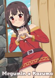 1girl :3 absurdres artist_name belt belt_buckle belt_collar black_belt black_panties blush brick_wall brown_hair buckle character_name collar collarbone cover cover_page cowboy_shot curtains dress heart heart_hands highres hmangadd indoors kono_subarashii_sekai_ni_shukufuku_wo! loli long_sleeves looking_at_viewer megumin panties pantyshot red_dress red_eyes short_hair_with_long_locks shy signature solo standing underwear window