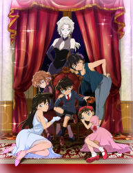 1boy 5girls ;) anklet bent_over black_dress black_gloves black_hair blue_eyes blue_shirt bow bracelet breasts brown_footwear brown_hair cleavage cleavage_cutout closed_mouth clothing_cutout curtains dress edogawa_conan elbow_gloves evening_gown floating_hair gloves grey_pants haibara_ai hair_bow hand_on_own_hip head_rest head_tilt high_heels indoors jewelry loafers long_hair looking_at_viewer mary_janes medium_breasts meitantei_conan mouri_ran multiple_girls one_eye_closed pants pink_dress pink_shoes purple_footwear red_bow red_footwear sera_masumi shirt shoes short_hair short_sleeves silver_hair sleeveless sleeveless_dress sleeveless_shirt small_breasts smile smug socks sparkle tsubame8982 vermouth_(meitantei_conan) white_dress white_gloves white_legwear yoshida_ayumi
