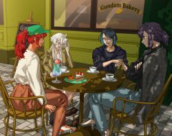 4girls absurdres black_hair braid cake cake_slice chair closed_eyes coat coat_on_shoulders commentary_request crossed_arms cup dappled_sunlight day food glasses gundam gundam_suisei_no_majo high_heels highres jacket korean_commentary long_hair miorine_rembran multiple_girls nika_nanaura on_chair one_eye_closed open_mouth outdoors pants parfait ponytail purple_hair red_hair sabina_fardin shoes sitting smile snapagi sneakers suletta_mercury sunlight table talking tea teacup visor_cap white_hair