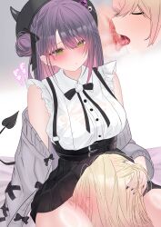 2girls absurdres belt blush bra_visible_through_clothes braid breasts censored closed_eyes cunnilingus demon_horns demon_tail earrings frills green_eyes hand_on_another&#039;s_head hat highres hololive horns jewelry large_breasts momosuzu_nene multiple_girls oral oyashiro_ooo purple_hair pussy skirt suspender_skirt suspenders sweater tail tokoyami_towa tokoyami_towa_(jirai_kei) virtual_youtuber yuri