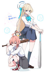 Rule 34 | 2girls, :o, absurdres, ahoge, baseball bat, black socks, blonde hair, blue archive, blue bow, blue eyes, blue skirt, bow, braid, brown shoes, closed mouth, clothes around waist, grey jacket, grey socks, hair between eyes, highres, holding, holding baseball bat, huge ahoge, jacket, jacket around waist, kneehighs, koyuuuuuuuuuuu, looking at viewer, multiple girls, neru (blue archive), neru (school uniform) (blue archive), official alternate costume, official alternate hairstyle, on one knee, red eyes, red hair, red shoes, shirt, shoes, single braid, skirt, sleeves rolled up, smile, socks, toki (blue archive), toki (school uniform) (blue archive), white shirt