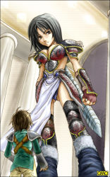 amazon_warrior armor black_hair fingerless_gloves giant giantess gloves gts mini_person miniboy tagme weapon