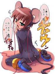 1girl aile_(mega_man_zx) animal_ears bodysuit brown_hair cable capcom empty_eyes female_ejaculation_through_clothes female_focus green_eyes hacking looking_back mega_man_(series) mega_man_zx mind_control mouse_ears pussy_juice redrantem short_hair sitting skin_tight solo spandex sweat tears tomoshibi_hidekazu translated trembling wariza