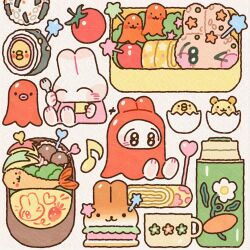 &gt;_o ^_^ animal animal_focus bento bird bottle burger chick closed_eyes clothed_animal cup dress eggshell food food-themed_clothes food_focus fork highres holding holding_fork long_sleeves no_humans nyeok_(owo_0w0) one_eye_closed original pink_dress rabbit shrimp shrimp_tempura simple_background sitting star_(symbol) sushi takoyaki teacup tempura water_bottle white_background