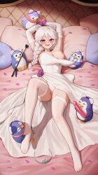 1girl absurdres animal_ears arms_behind_head artist_name bear_ears bear_girl bird blush bound bound_wrists braid breasts bridal_gauntlets commentary dildo dreizerel dress english_commentary full_body fuufie garter_belt highres indie_virtual_youtuber large_breasts long_hair looking_at_viewer lying nipples on_back on_bed open_mouth panties penguin petals pillow purple_eyes pussy_juice riding_crop sex_toy single_braid sleeveless sleeveless_dress smile thighhighs tiara underwear virtual_youtuber wedding_dress white_dress white_hair white_panties