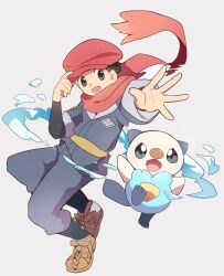 1boy :d black_socks brown_eyes brown_hair brown_shoes commentary_request full_body gen_5_pokemon grey_background grey_eyes grey_jacket grey_pants hat highres jacket layered_sleeves long_sleeves male_focus nintendo open_mouth oshawott outstretched_arm pants pokemon pokemon_(creature) pokemon_legends:_arceus red_hat red_scarf rei_(pokemon) scarf shoes short_hair short_over_long_sleeves short_sleeves simple_background smile socks water yupo_0322