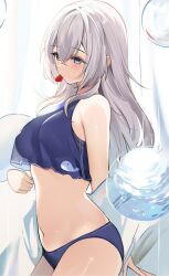 1girl animal_print bare_arms bare_shoulders blue_eyes blue_panties blue_shirt blush breasts cowboy_shot crop_top crop_top_overhang fish_print food fruit highres holding large_breasts long_hair looking_at_viewer midriff mole mole_under_eye mouth_hold navel no_pants original panties redrawn ry_thae shirt sleeveless sleeveless_shirt solo standing strawberry underwear whale_print white_hair