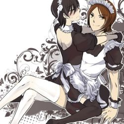 2boys apron atlus black_hair blush brown_hair crossdressing frills kurosu_jun lap looking_at_viewer maid maid_apron maid_headdress male_focus md5_mismatch multiple_boys persona persona_2 persona_2_tsumi puffy_short_sleeves puffy_sleeves ribbon shadow33 short_hair short_sleeves smile suou_tatsuya thighhighs trap uniform waist_apron wrist_cuffs yaoi