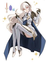 1girl armor barefoot black_hairband blue_cape breasts cape dragonstone female_corrin_(fire_emblem) fffera fire_emblem fire_emblem_fates gloves grey_hair hair_between_eyes hair_ornament hairband highres long_hair looking_at_viewer medium_breasts nintendo open_mouth pointy_ears red_eyes simple_background smile solo thighs white_hair yato_(fire_emblem)