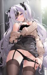 1girl absurdres azur_lane bare_shoulders black_hair black_panties blush bow bra breasts cleavage commentary_request elbe_(azur_lane) elbe_(pure-hearted_bad_girl)_(azur_lane) garter_straps highres lace_trim large_breasts long_hair looking_at_viewer multicolored_hair nail_polish nipples off-shoulder_shirt off_shoulder official_alternate_costume panties pussy shirt skirt solo streaked_hair sweater thighhighs thighs underwear very_long_hair white_hair yana_mori