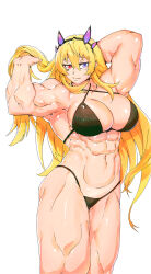 1girl abs absurdres armpits arms_up bare_shoulders barghest_(fate) biceps bikini black_bikini blonde_hair blue_eyes breasts cleavage criss-cross_halter fate/grand_order fate_(series) halterneck heterochromia highres horns large_breasts long_hair looking_at_viewer minew muscular muscular_female navel red_eyes sidelocks smile solo swimsuit thick_thighs thighs