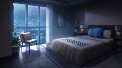 apartment bed bedroom blanket blue_sky book chair city_lights cityscape curtains dark desk_lamp highres indoors lamp night non-web_source official_art our_life our_life:_beginnings_and_always photo_(object) pillow plant potted_plant rug sky tile_floor tiles variant_set window_light