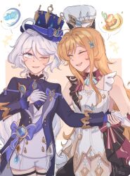 Rule 34 | 2girls, ahoge, apron, bare shoulders, blonde hair, blue jacket, blush, bow, chef hat, couple, escoffier (genshin impact), furina (genshin impact), genshin impact, gloves, hair ornament, hat, highres, jacket, kzscrpilled, long hair, long sidelocks, long sleeves, multiple girls, one eye closed, shorts, sidelocks, simple background, top hat, two-tone background, very long hair, vision (genshin impact), white apron, white background, white gloves, white hair, white shorts, yellow background, yuri