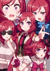 1girl absurdres birthday blush commentary cream_(nipakupa) finger_gun fingerless_gloves gloves grey_background hat highres love_live! love_live!_school_idol_project medium_hair multiple_views nishikino_maki otonokizaka_school_uniform purple_eyes red_gloves red_hair school_uniform sunglasses upper_body