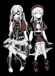 2girls :| ascot bang_dream! bang_dream!_it&#039;s_mygo!!!!! beret black_background boots braid capelet closed_mouth commentary curly_sidelocks dao148617dao earrings expressionless frilled_skirt frills full_body hand_rest hand_up hat highres holding_hands interlocked_fingers invisible_chair jewelry lace-up_boots long_hair long_sleeves looking_at_another mary_janes mask masked mortis_(bang_dream!) mortis_(costume)_(bang_dream!) multiple_girls puffy_short_sleeves puffy_sleeves red_hat shoes short_sleeves shorts sidelocks simple_background sitting skirt sleeve_cuffs spot_color stud_earrings swept_bangs togawa_sakiko two_side_up wakaba_mutsumi wrist_cuffs yellow_eyes yuri