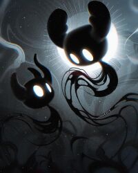2others absurdres black_skin blank_eyes colored_skin dissolving floating grey_background highres hollow_knight horns lianarynty looking_at_another multiple_others no_humans shade_(hollow_knight) signature star_(sky) striped_background twitter_username