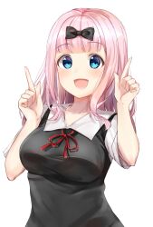 Rule 34 | 1girl, black bow, black dress, blue eyes, blunt bangs, bow, breasts, commentary request, dress, fujiwara chika, hair bow, hands up, highres, index finger raised, kaguya-sama wa kokurasetai ~tensai-tachi no renai zunousen~, large breasts, long hair, neck ribbon, open mouth, pinafore dress, pink hair, red ribbon, ribbon, school uniform, shirt, shuuchiin academy school uniform, simple background, sleeveless, sleeveless dress, smile, solo, summer uniform, upper body, white background, white shirt, yoshinone