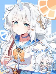 1girl :t animal_ears bag bare_shoulders blue_background blue_choker blue_eyes blue_sailor_collar blue_skirt blush bow bowtie bracelet brown_bag chibi chibi_inset choker closed_mouth collarbone collared_shirt commentary commission dated english_commentary flower_symbol grid_background hair_intakes hair_ribbon handbag highres holding_strap jewelry long_hair looking_at_viewer off-shoulder_shirt off_shoulder orange_bow orange_bowtie orange_ribbon original orphaneater_io outline pout red_ribbon ribbon sailor_collar shirt shoulder_bag sidelocks single_hair_intake skirt sun_symbol twitter_username unicorn_girl unicorn_horn very_long_hair white_background white_hair white_outline white_shirt