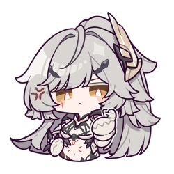 1girl :&lt; anger_vein blush_stickers bright_pupils chibi colored_eyelashes door erdos_helia erdos_helia_(planar_armament:_warped_spacetime) facial_mark grey_hair hair_ornament honkai_(series) honkai_impact_3rd long_hair midriff navel official_art open_mouth solo stomach transparent_background upper_body white_pupils yellow_eyes