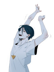 1boy absurdres arms_up bags_under_eyes closed_eyes commentary_request hair_between_eyes highres maelo male_focus meguriya_ayumu open_mouth shirt short_hair simple_background solo stretching tears toshi_densetsu_kaitai_center triangle_necklace upper_body white_background white_shirt yawning