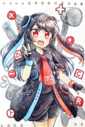 1girl black_hair black_pants highres nintendo nintendo_switch_2 pants personification red_eyes