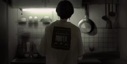Rule 34 | 1boy, absurdres, black hair, bowl, cross, cross earrings, cup, cutting board, earrings, from behind, frying pan, highres, indoors, jewelry, kitchen, ladle, latin cross, male focus, mano aaa, original, shirt, short hair, short sleeves, sink, soap bottle, solo, spatula, t-shirt, teapot, tile wall, tiles, upper body, whisk, white shirt