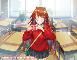 1girl bag black_choker black_ribbon black_skirt bow breasts brown_hair choker classroom clenched_teeth copyright_notice desk dragon_musume_ni_naritakunai! duel_masters fang green_bag hair_ornament hair_ribbon hairpin heart heart_hands highres hood hoodie indoors long_hair looking_at_viewer maguma_mega neko61 official_art one_eye_closed open_mouth plaid_clothes plaid_skirt red_bow red_hair red_hoodie ribbon school_desk shirt shoulder_bag sidelocks skirt smile sparkle sparkling_aura teeth very_long_hair white_shirt window yellow_eyes