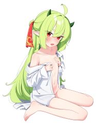 1girl absurdres ahoge barefoot blush commission covering_breasts covering_privates fang from_side highres horns long_hair looking_at_viewer looking_to_the_side naked_shirt navel off_shoulder open_mouth original pointy_ears red_eyes second-party_source shirt simple_background sitting solo wariza white_background white_shirt whonyang
