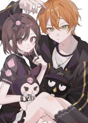 Rule 34 | 1boy, 1girl, arm up, badtz-maru, black bow, black choker, black jacket, black skirt, black socks, blonde hair, bob cut, bow, bracelet, brother and sister, brown eyes, brown hair, chain, chain necklace, choker, closed mouth, double vertical stripe, feet out of frame, finger to cheek, green eyes, hair between eyes, hair bow, hamakooko, hashtag-only commentary, heart, highres, hood, hood down, hooded jacket, index finger raised, jacket, jewelry, kneehighs, knees up, kuromi, long sleeves, looking at viewer, miniskirt, multicolored hair, necklace, onegai my melody, open clothes, open jacket, orange hair, project sekai, ring, sanrio, shinonome akito, shinonome ena, shirt, short hair, siblings, simple background, skirt, smile, socks, streaked hair, swept bangs, two-tone hair, white background, white shirt