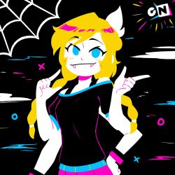 1girl black_shirt blonde_hair blue_eyes blue_skirt bracelet braid cartoon_network circle colored_skin commentary company_logo cowboy_shot english_commentary extra_arms fangs flat_color hair_tie hand_on_own_hip highres jewelry light_blush light_smile limited_palette long_hair looking_at_viewer multicolored_skirt nelly_(xyronii) original pink_skirt pointing shirt silk skirt solo spider_web white_skin x xyronii