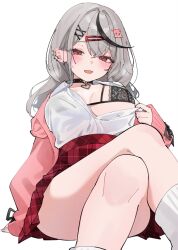 1girl blush bra breasts cardigan choker dareka3ab double-parted_bangs dress_shirt ear_piercing hair_ornament hairclip heart heart_choker high-waist_skirt highres hololive large_breasts looking_at_viewer multicolored_hair o-ring o-ring_choker open_cardigan open_clothes partially_unbuttoned piercing pink_sweater plaid_clothes plaid_skirt ribbon sakamata_chloe sakamata_chloe_(gyarumata) see-through_bra see-through_clothes shirt shirt_tucked_in skirt sleeve_ribbon solo streaked_hair sweater thick_thighs thighs thighs_together underwear virtual_youtuber white_background x_hair_ornament