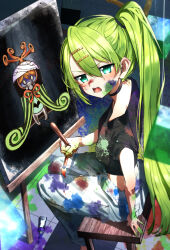 1girl absurdres alina_gray anger_vein canvas_(object) easel familiar_(madoka_magica) highres looking_at_viewer magia_record:_mahou_shoujo_madoka_magica_gaiden mahou_shoujo_madoka_magica paint paintbrush painting_(object) ponytail shadow solo stool taigaai4649 witch_(madoka_magica) wooden_stool