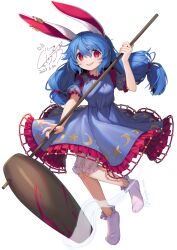 1girl animal_ears bloomers blue_dress blue_hair blush crescent_print dress earclip fingernails frilled_dress frilled_sleeves frills gunjou_row hair_between_eyes highres kine long_hair looking_at_viewer mallet nail_polish open_mouth rabbit_ears red_eyes red_nails seiran_(touhou) short_sleeves signature smile socks solo star_(symbol) star_print touhou twitter_username underwear unfinished_dream_of_all_living_ghost white_bloomers white_socks