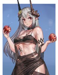 1girl absurdres apple arknights bare_shoulders bikini bitten_apple black_bikini black_sarong blush breasts cleavage cowboy_shot flower food food_bite fruit hair_flower hair_ornament highres holding holding_food holding_fruit horns infection_monitor_(arknights) jewelry kookaburrarex long_hair looking_at_viewer material_growth mudrock_(arknights) mudrock_(silent_night)_(arknights) navel necklace official_alternate_costume oripathy_lesion_(arknights) pointy_ears red_eyes sarong solo swimsuit yellow_flower