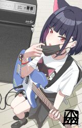 1girl adversarial_noise animal_ears black_mask black_shoes blue_archive cat_ears clothes_around_waist colored_inner_hair earclip earrings electric_guitar extra_ears from_above grey_socks guitar hand_up highres holding holding_guitar holding_instrument instrument jacket jacket_around_waist jewelry kazusa_(band)_(blue_archive) kazusa_(blue_archive) loafers looking_at_viewer looking_up mask mask_pull mouth_mask multicolored_hair official_alternate_costume on_chair open_mouth pink_hair shirt shoes short_hair short_sleeves sitting socks solo speaker stud_earrings tabatabata_(batabata) tile_floor tiles white_shirt