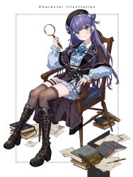 Rule 34 | 1girl, absurdres, black boots, black hat, black skirt, black thighhighs, blue eyes, blue ribbon, blue shirt, blue skirt, blunt bangs, book, boots, brooch, capelet, center frills, chair, commentary request, frilled skirt, frills, hair rings, half-skirt, hat, highres, holding, holding magnifying glass, indie virtual youtuber, jewelry, knee boots, lapel pin, lapels, long hair, looking at viewer, magnifying glass, neck ribbon, nib pen (object), notched lapels, on chair, pen, plaid clothes, plaid hat, plaid skirt, platform boots, puffy sleeves, purple hair, quill, ribbon, second-party source, shirt, shirt tucked in, shoe buckle, sidelocks, sitting, skirt, solo, thigh strap, thighhighs, two-tone hat, virtual youtuber, yayamugi (vtuber), yutsumoe